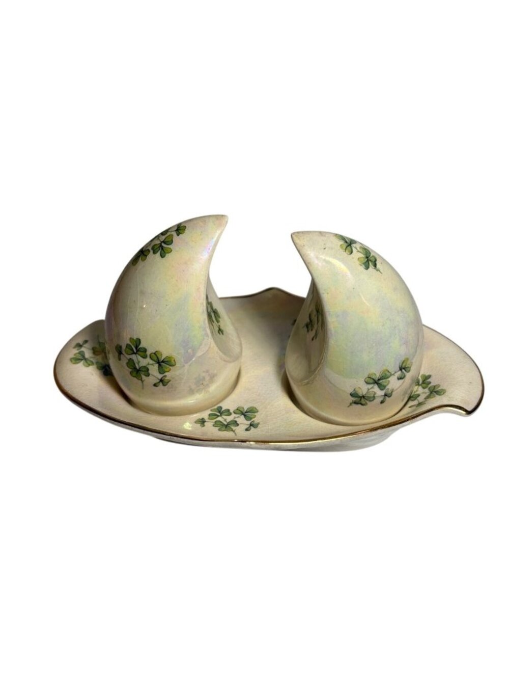 Shamrock Salt & Pepper Set With Tray Iridescent Pearl Luster Finish Horn Shape